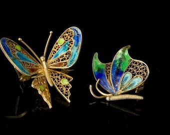 2 vintage butterfly enamel gilt filigree 800 silver brooch pin