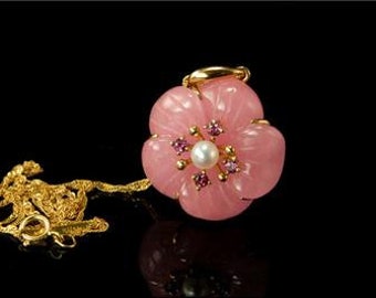 vintage carved rose quartz amethyst pearl flower 14k gold necklace