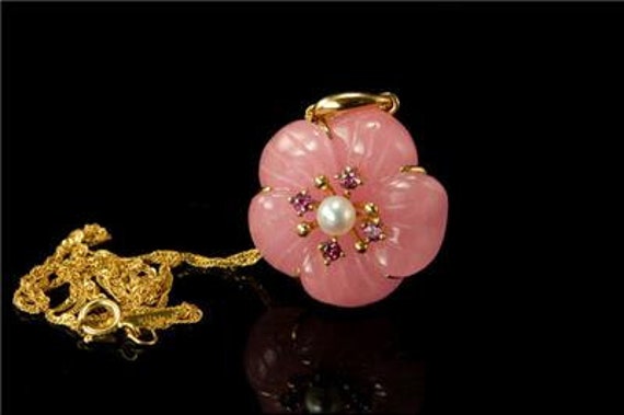 vintage carved rose quartz amethyst pearl flower 14k gold necklace