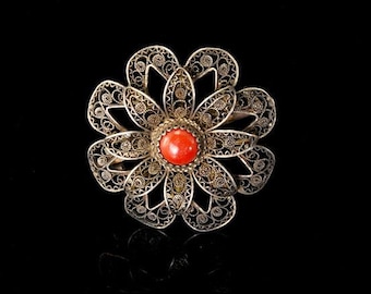 old italy red coral cabochon sterling silver filigree flower pin brooch