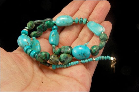 vintage chinese turquoise blue green beads sterli… - image 2
