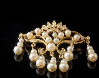 antique art nouveau diamond white pearl 14K yellow gold crown dangle brooch pin