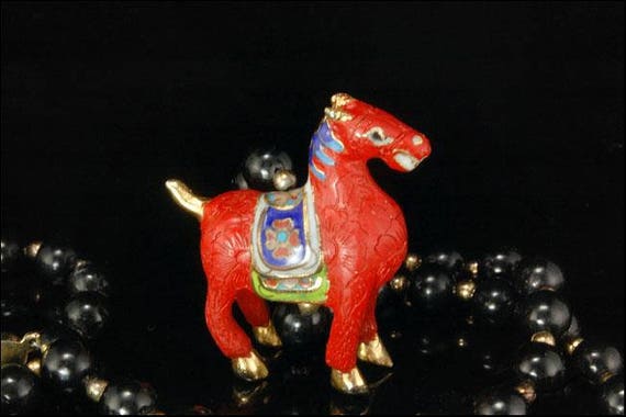 Vintage Chinese Horse Cloisonne Enamel Onyx Beads… - image 2