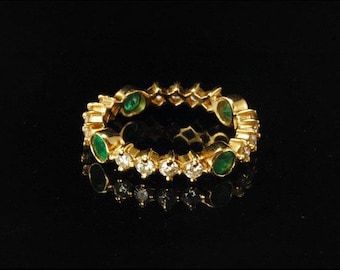 vintage 1/3ct emerald 1/4ct diamond 14k yellow gold band ring