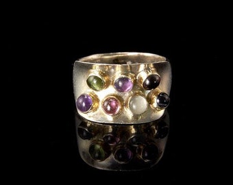Vintage gemstone moonstone amethyst tourmaline 925 sterling  band ring