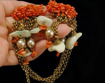 early miriam haskell salmon coral faux pearl mop chatelaine brass double brooch