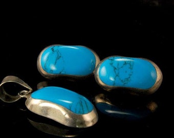 vintage Mexicaanse blauwe turkoois 925 sterling hanger oorbellen set