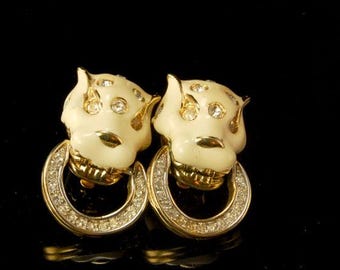 vintage d'orlan puma door knocker diamond rhinestone enamel clip earrings