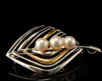 vintage pearls silver 18k gold leaf shape pin brooch
