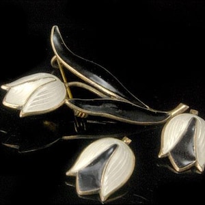 vintage norway 925 sterling enamel black white tulip earrings brooch pin set