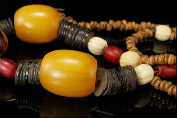 2 vintage asian yellow bakelite bead nut wood nec… - image 3