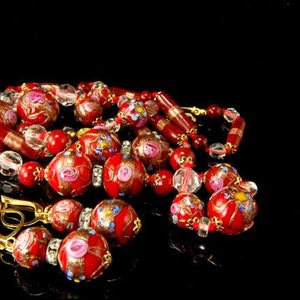 vintage venetian red gold art glass wedding cake beads necklace earrings set