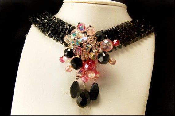 vintage london paris house faceted crystal black glass beads choker necklace View 2