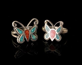 2 Vintage Navajo Butterfly Mosaic Sterling Rings