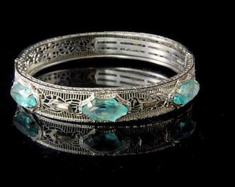 antique art deco JHR blue topaz paste RHODIUM plated filigree bangle bracelet