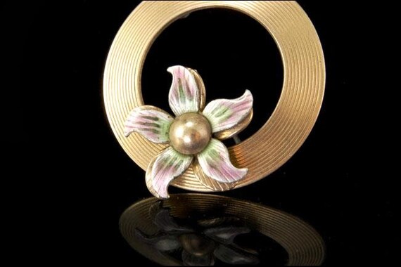 vintage enamel sterling 14k gold flower pin brooch - image 2