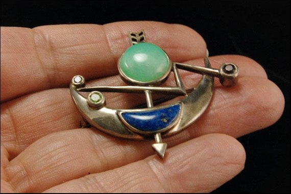 vintage modernist jade garnet peridot lapis sterl… - image 4