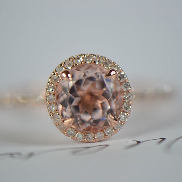 7mm Morganite  Pave Diamond Solid 14K Rose Gold Engagement Ring/Wedding Ring/Promise Ring