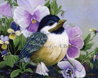 CHICKADEE - DIGITAL Print - PANSIES; baby chickadee finds itself in among the pansies in the garden. nature, song bird, feathers,
