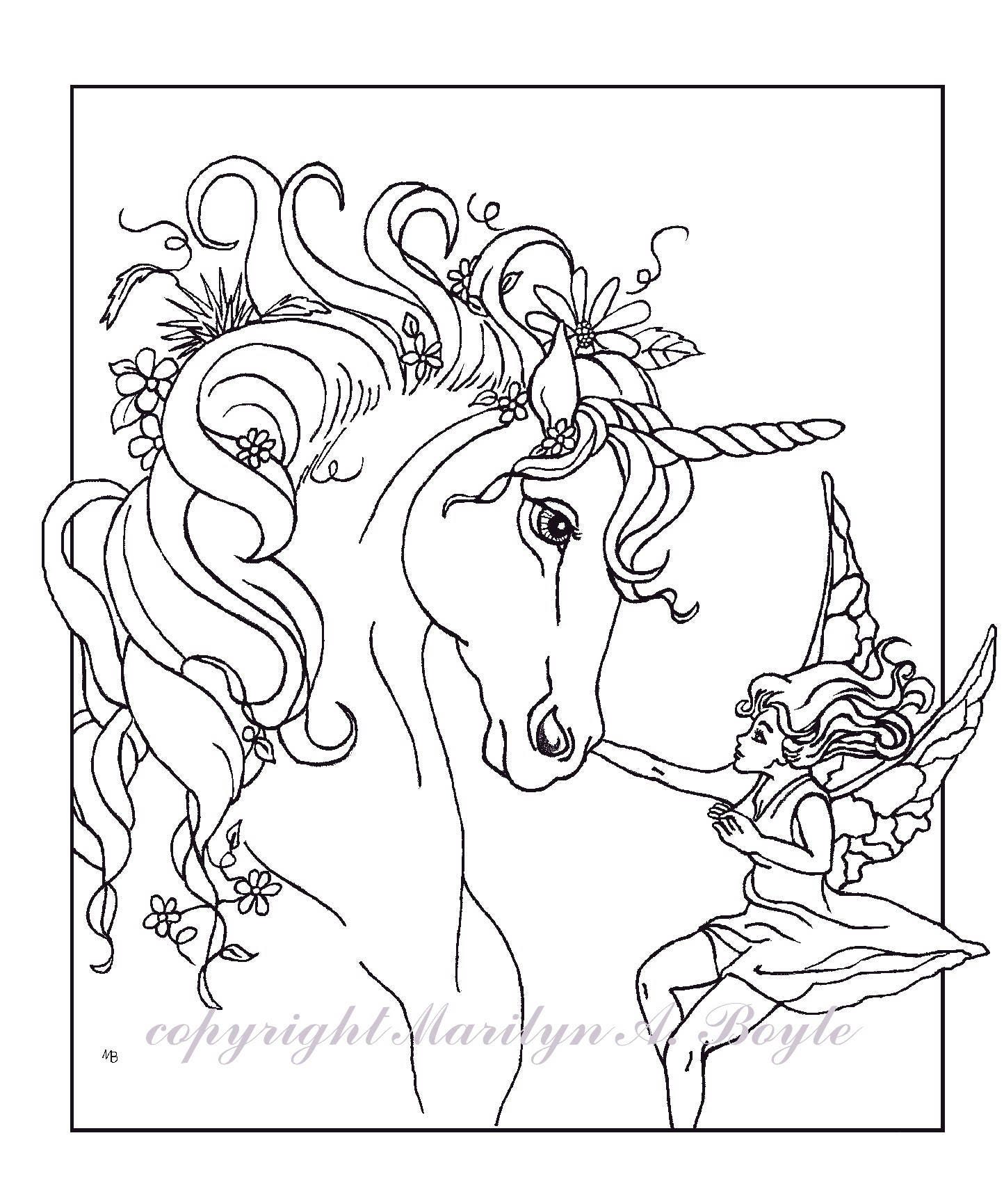 Adult Coloring Page Fantasy Unicorn Fairy Digital Download