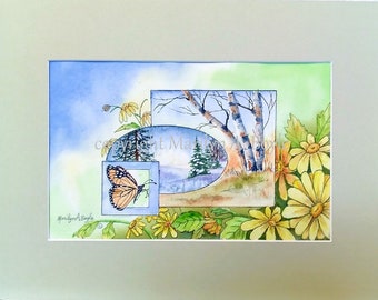 ORIGINAL WATERCOLOR - SEASONS; one piece - four seasons, 11 x 14 inch matted, unique, one of a kind