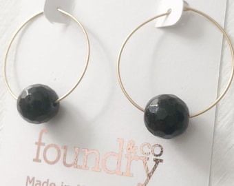 Back Onyx Hoops, Bohemian Hoop Earrings, Healing, Onyx Jewellery, New Zealand Made, Foundry and Co, Hoop Earrings