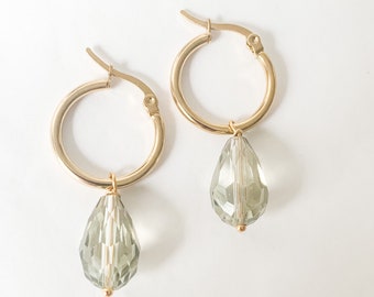 Green Swarovski Crystal Drop Gold Dangle Earrings, Hoop Earrings, New Zealand Earrings, New Zealand Jewellery