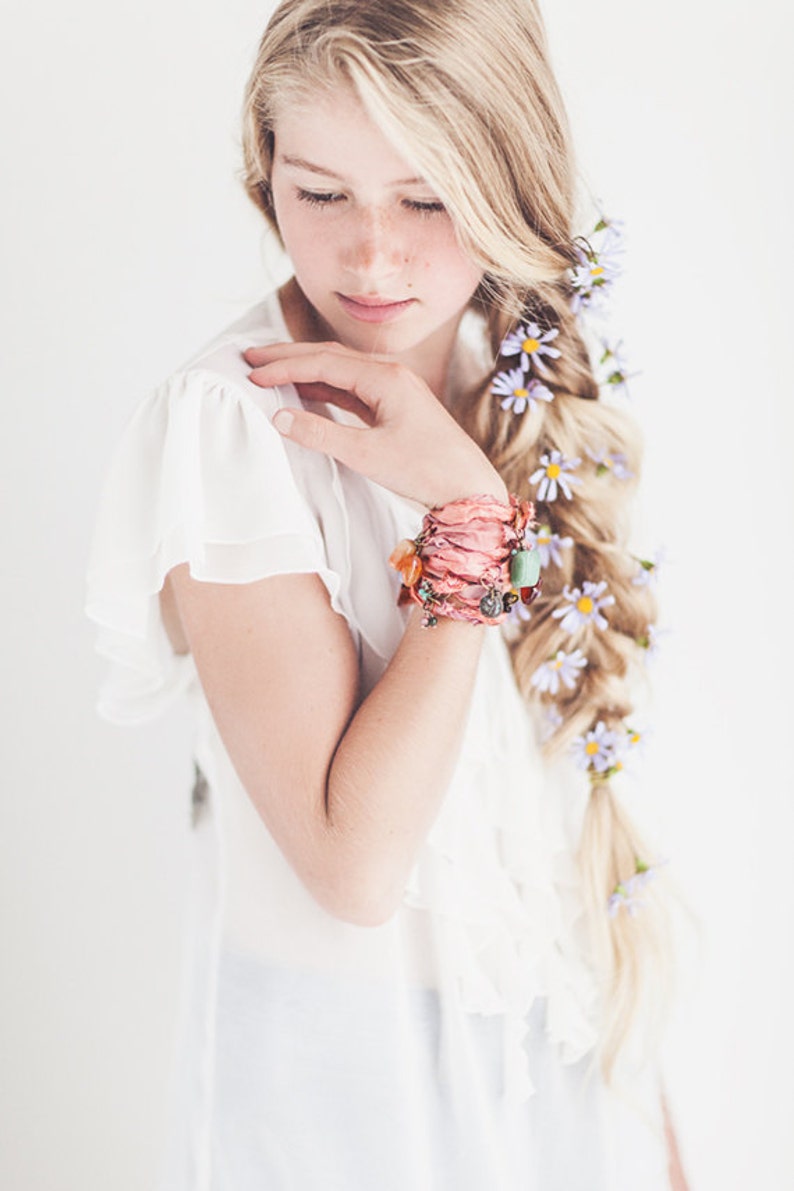 Wrist Wrap Recycled Sari Silk, Bohemian Bracelet, Boho Girl, Her, Boho Bangle, Gypsy Wrist Wrap, Fair Trade Bracelet with Gems. image 2