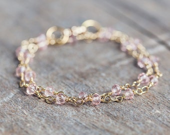 Gold Plated Pink Bead Bracelet, Girl's Gold Bracelet, Rosary Bead Bracelet, Flower Girl Bracelet, Bridal Bracelet, Bridesmaid Jewellery