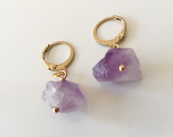 Amethyst Drop Earrings, Polished Raw Amethyst, Amethyst Earrings, Drop Earrings boho Earrings, Bohemian Earrings, Boho Jewelry, Crystals