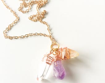 Healing Trio Of Love Necklace, Amethyst, Citrine, Crystal Quartz, Healing Jewelry, Bohemian Jewellery, Crystal Necklace, Crystal Pendant, NZ