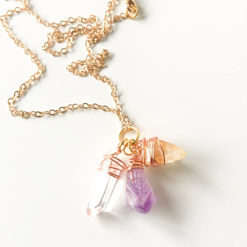 Healing Trio Of Love Necklace, Amethyst, Citrine, Crystal Quartz, Healing Jewelry, Bohemian Jewellery, Crystal Necklace, Crystal Pendant, NZ image 1