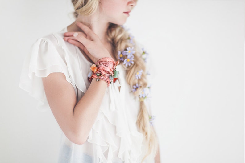 Wrist Wrap Recycled Sari Silk, Bohemian Bracelet, Boho Girl, Her, Boho Bangle, Gypsy Wrist Wrap, Fair Trade Bracelet with Gems. image 1