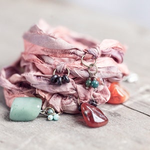 Wrist Wrap Recycled Sari Silk, Bohemian Bracelet, Boho Girl, Her, Boho Bangle, Gypsy Wrist Wrap, Fair Trade Bracelet with Gems. image 3