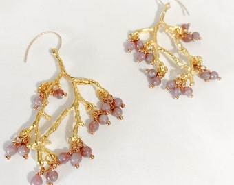Botanica Branch Lepidolite 14k Gold Earrings, Woodland Bride, Bohemian Earrings, Wedding Jewelry, Bohemian, Gold Botanical, New Zealand