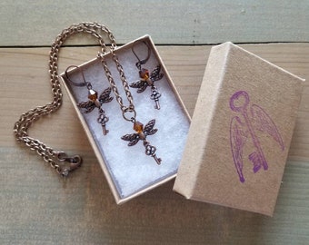 Delicate Winged Key Pendant & Earring Set