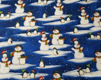 Christmas Flannel Fabric - Snowmen and Penguins Royal Blue 2 Ply - By the yard - 100% Cotton Flannel
