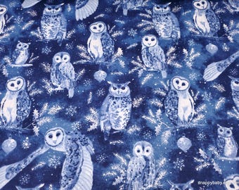 Flannel Fabric - Winter Snow Owl Blue - By the yard - 100% Cotton Flannel