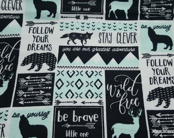 Flannel Fabric - Black White Be Brave Patch Mint - By the yard - 100% Cotton Flannel