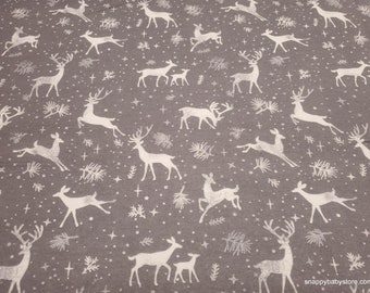 Christmas Flannel Fabric - Starry Night Prancing Reindeer Gray - By the yard - 100% Cotton Flannel