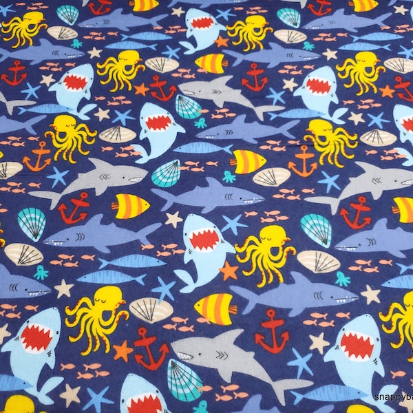 Premium Flannel Fabric - Sea Mist Sea Friends Navy Premium - By the yard - 100% Cotton Flannel