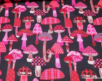 Flannel Fabric - Patterned Mushrooms Pink on Black - By the yard - 100% Cotton Flannel