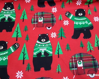 Christmas Flannel Fabric - Bears and Christmas Campers - By the Yard - 100% Cotton Flannel