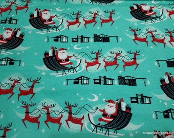 Christmas Flannel Fabric - Santa Sleigh on Aqua - By the yard - 100% Cotton Flannel