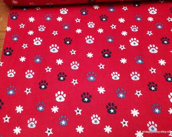 Flannel Fabric - Patriotic Paws and Stars Red - By the yard - 100% Cotton Flannel