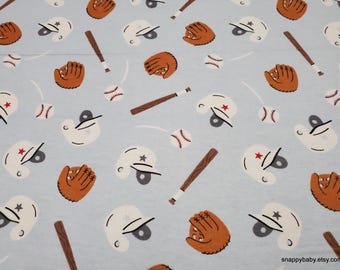 Flannel Fabric - Baseball Icons Light Blue - By the yard - 100% Cotton Flannel