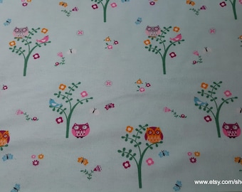 Flannel Fabric - Bright Owl on Blue - By the yard - 100% Cotton Flannel