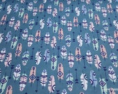 Flannel Fabric - Pastel Feathers on Teal - By the yard - 100% Cotton Flannel