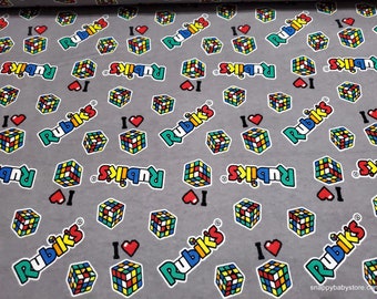 Licensed Flannel Fabric - Rubik's Patches on Gray - By the yard - 100% Cotton Flannel