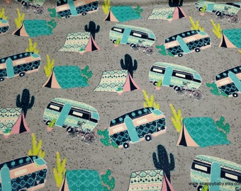 Flannel Fabric - Bright Campers on Gray - By the Yard - 100% Cotton Flannel